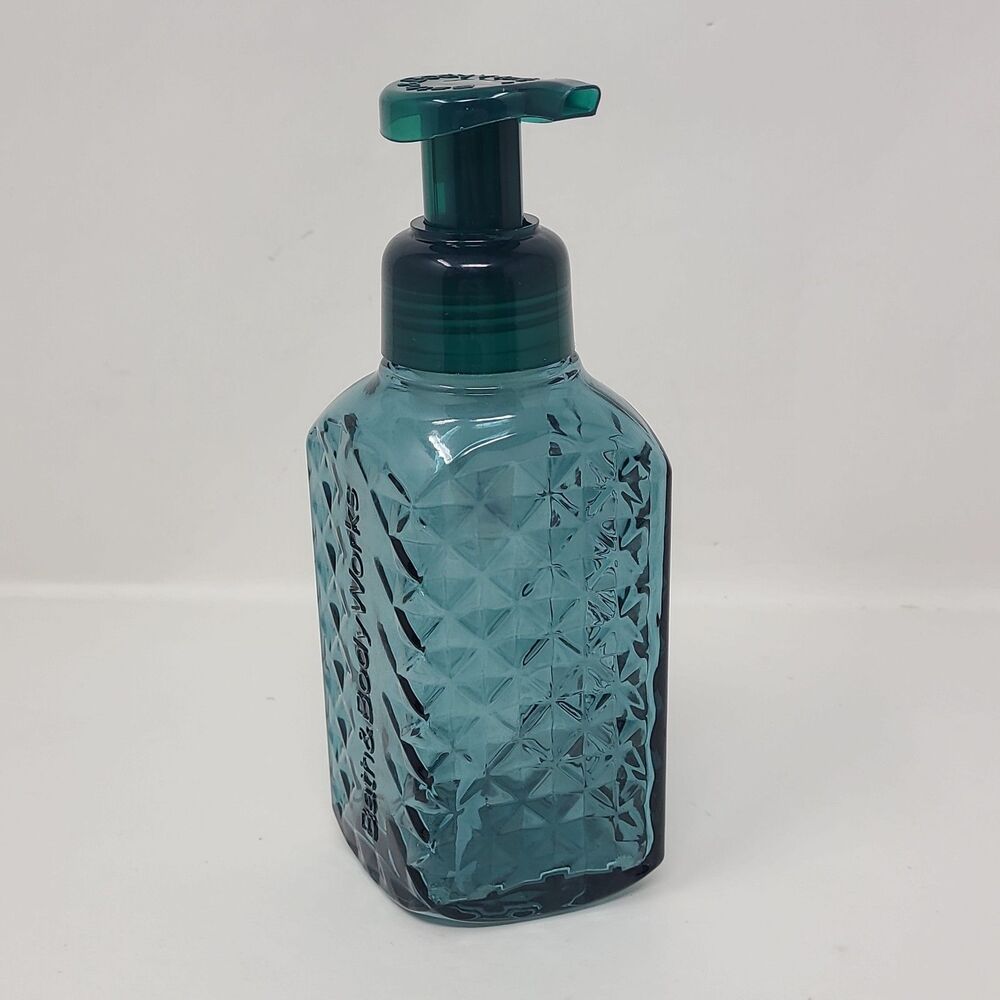 Bath & Body Works Faceted GREEN Glass Foaming Soap Dispenser Holder